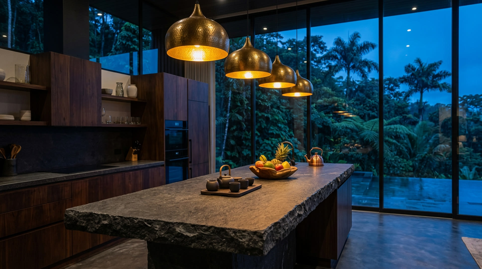 The open kitchen at blue hour