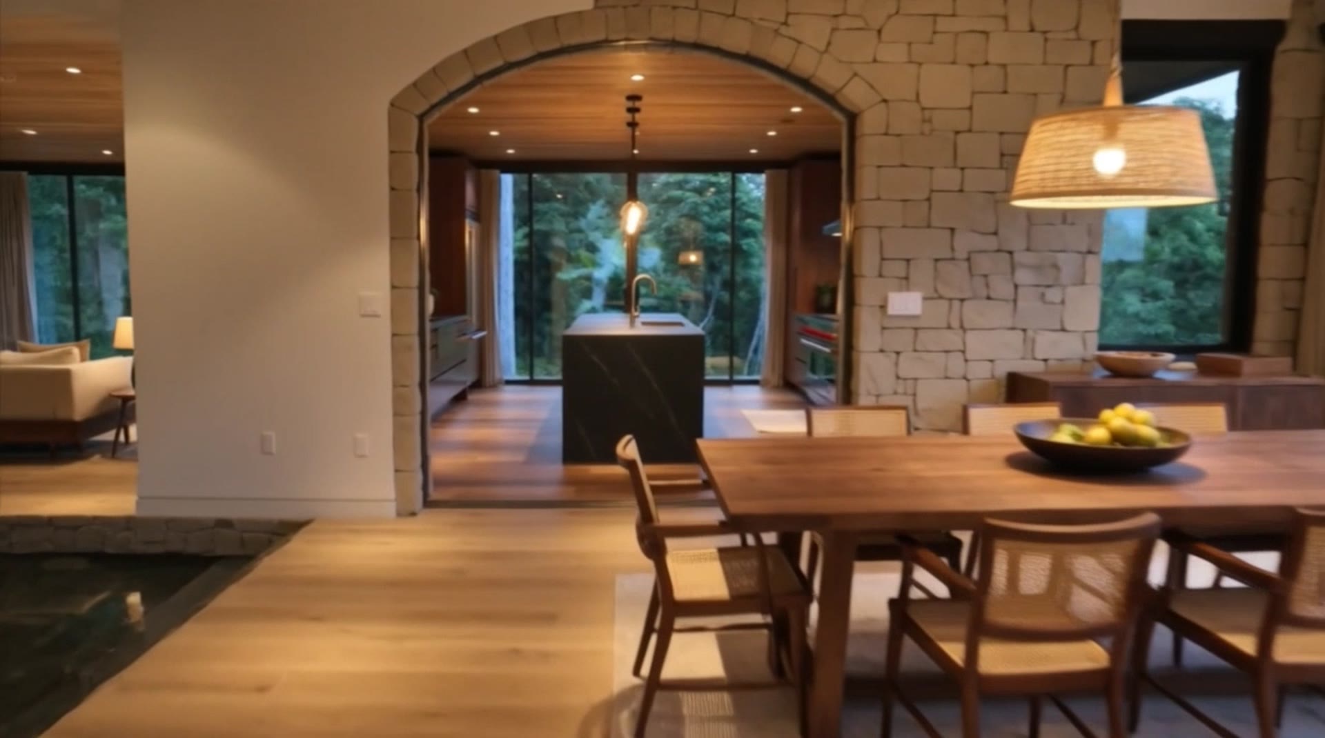 The dining table below the stone arch