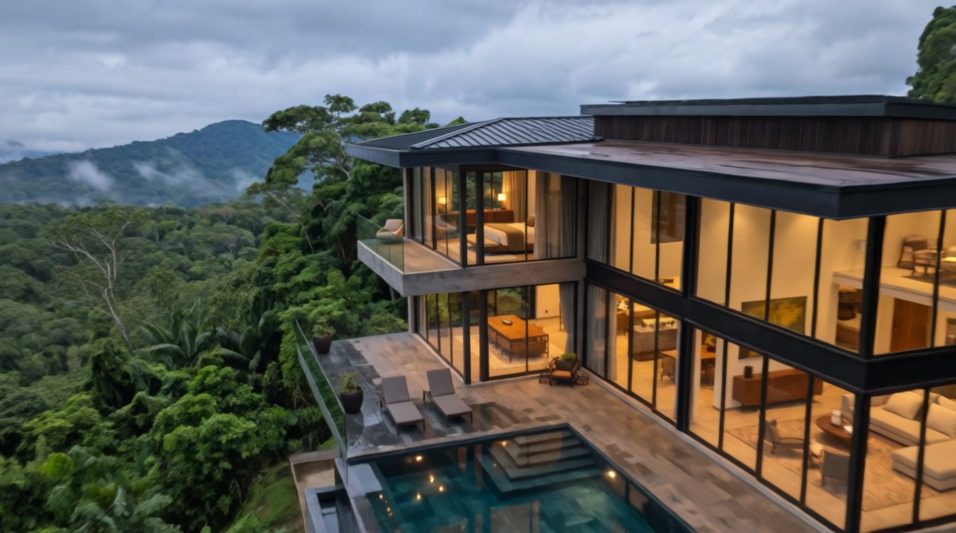 The glass facade at dusk
